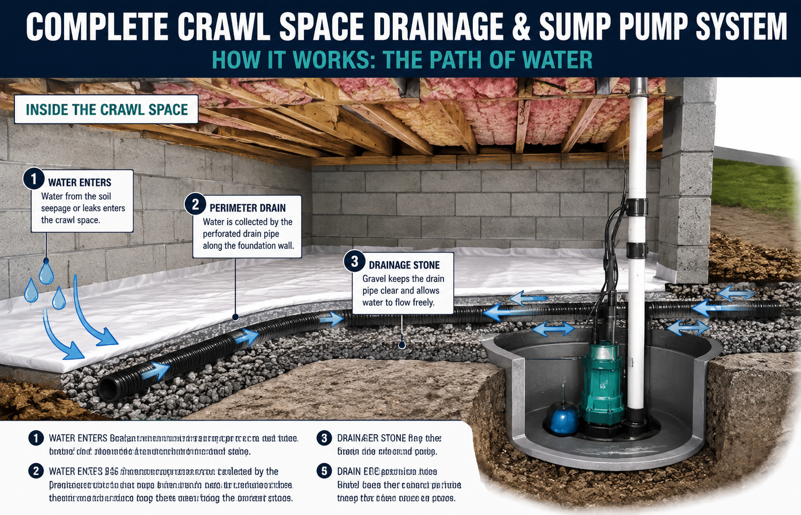 Diagram of a complete crawl space drainage system showing perimeter drain, gravel, sump basin, sump pump, check valve and exterior discharge line.