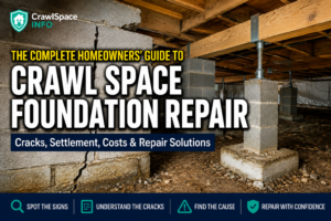 Crawl space foundation repair showing a foundation wall, footing, masonry piers and structural supports beneath a home.