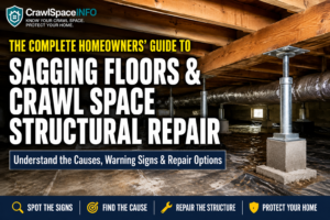 Sagging floor and crawl space structural repair system showing floor joists, support beam, piers and structural support posts beneath a home.