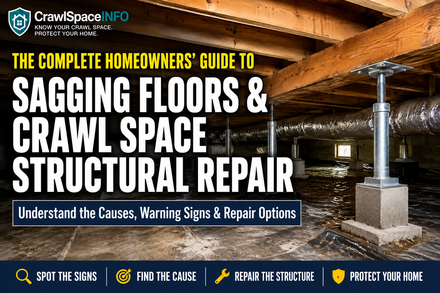 Sagging floor and crawl space structural repair system showing floor joists, support beam, piers and structural support posts beneath a home.