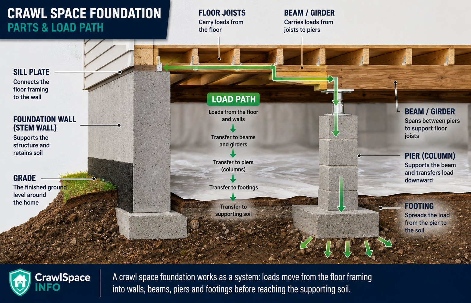 Diagram showing a crawl space foundation wall, sill plate, floor joists, beam, pier, footing and supporting soil.