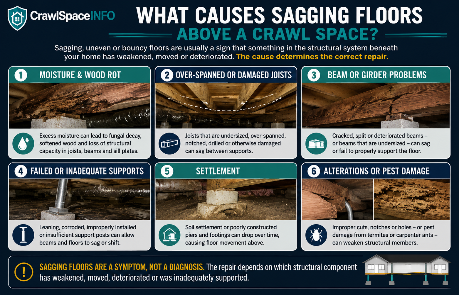 Diagram showing common causes of sagging floors including wood rot, damaged joists, beam problems, failed supports, settlement and structural alterations.