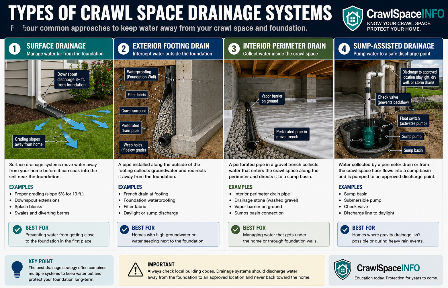 Comparison diagram of exterior foundation drainage, interior crawl space perimeter drainage and surface water management.