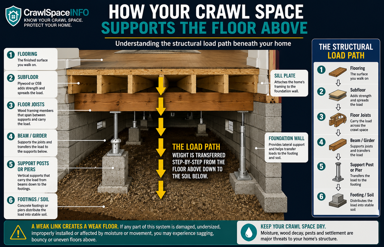 Diagram showing how flooring, subfloor, floor joists, beams, support posts, piers and footings support a home above a crawl space.