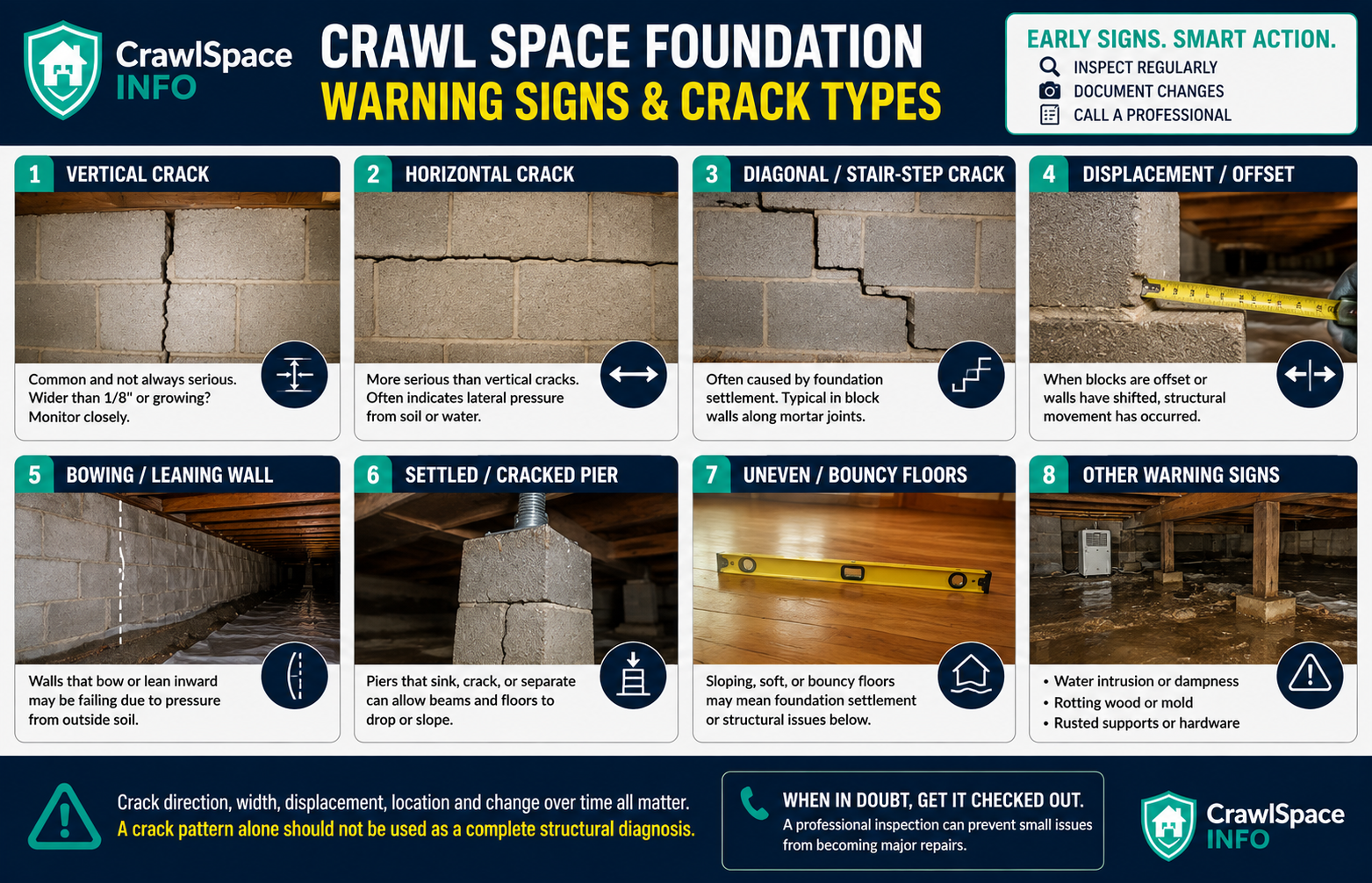 Crawl space foundation warning signs including horizontal, vertical, diagonal and stair-step cracks, wall movement, settled piers and uneven floors.