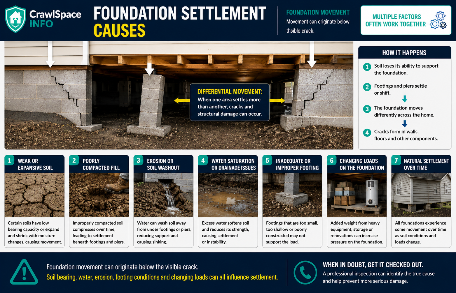 Diagram showing crawl space foundation settlement causes including weak soil, erosion, water saturation, inadequate footings and differential soil movement.