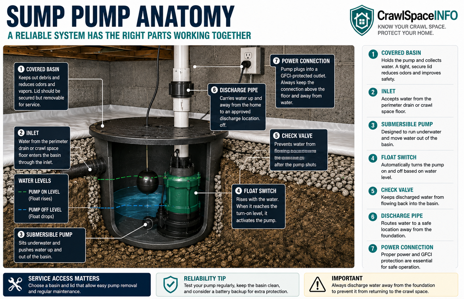 Labeled diagram of a crawl space sump pump system showing basin, pump, float switch, check valve, discharge pipe, lid and power connection.