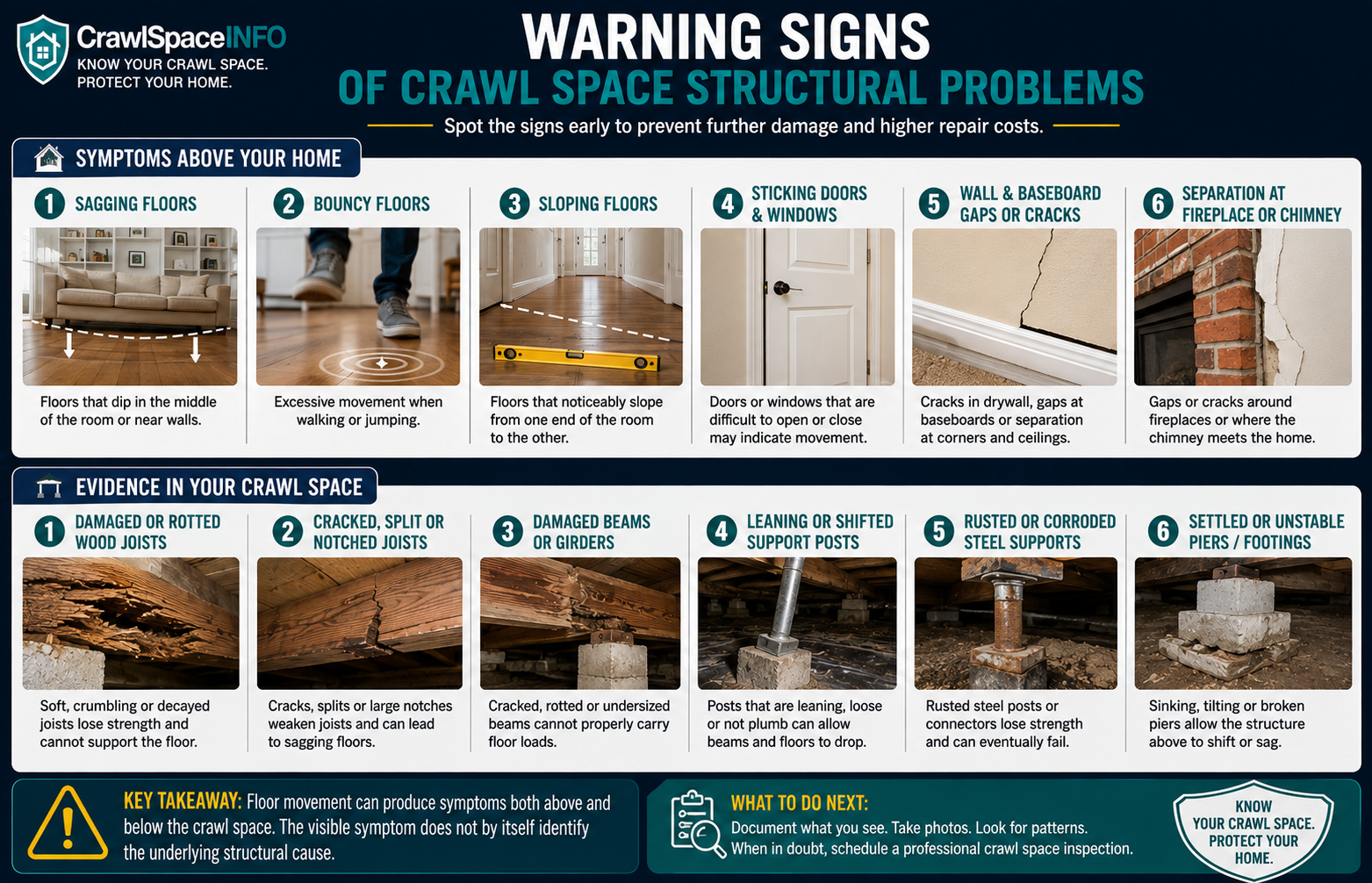 Sagging floor structural warning signs including uneven floors, bouncing floors, sticking doors, wall cracks, damaged joists and failing crawl space supports.