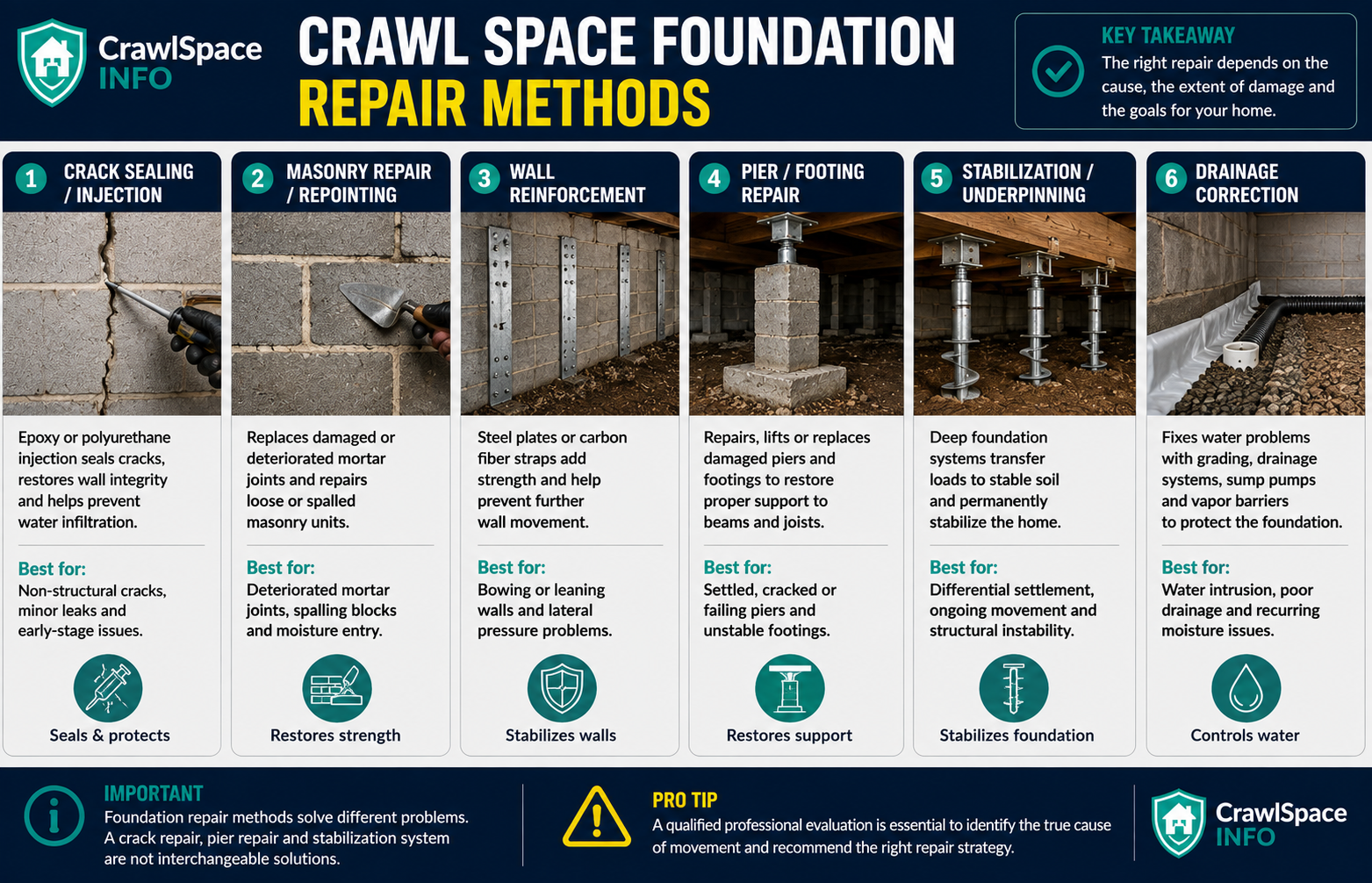 Comparison of crawl space foundation repair methods including crack repair, masonry repair, wall reinforcement, pier repair and foundation stabilization.