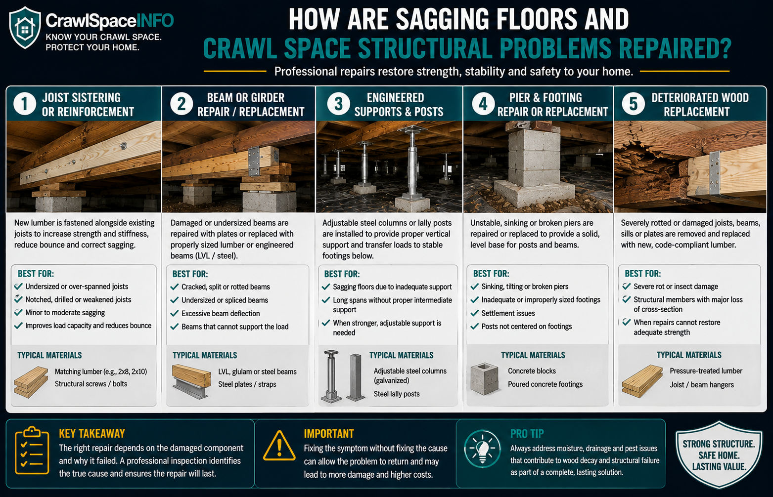 Comparison of crawl space structural repair methods including joist sistering, beam repair, support posts, pier repair and replacement of damaged wood.