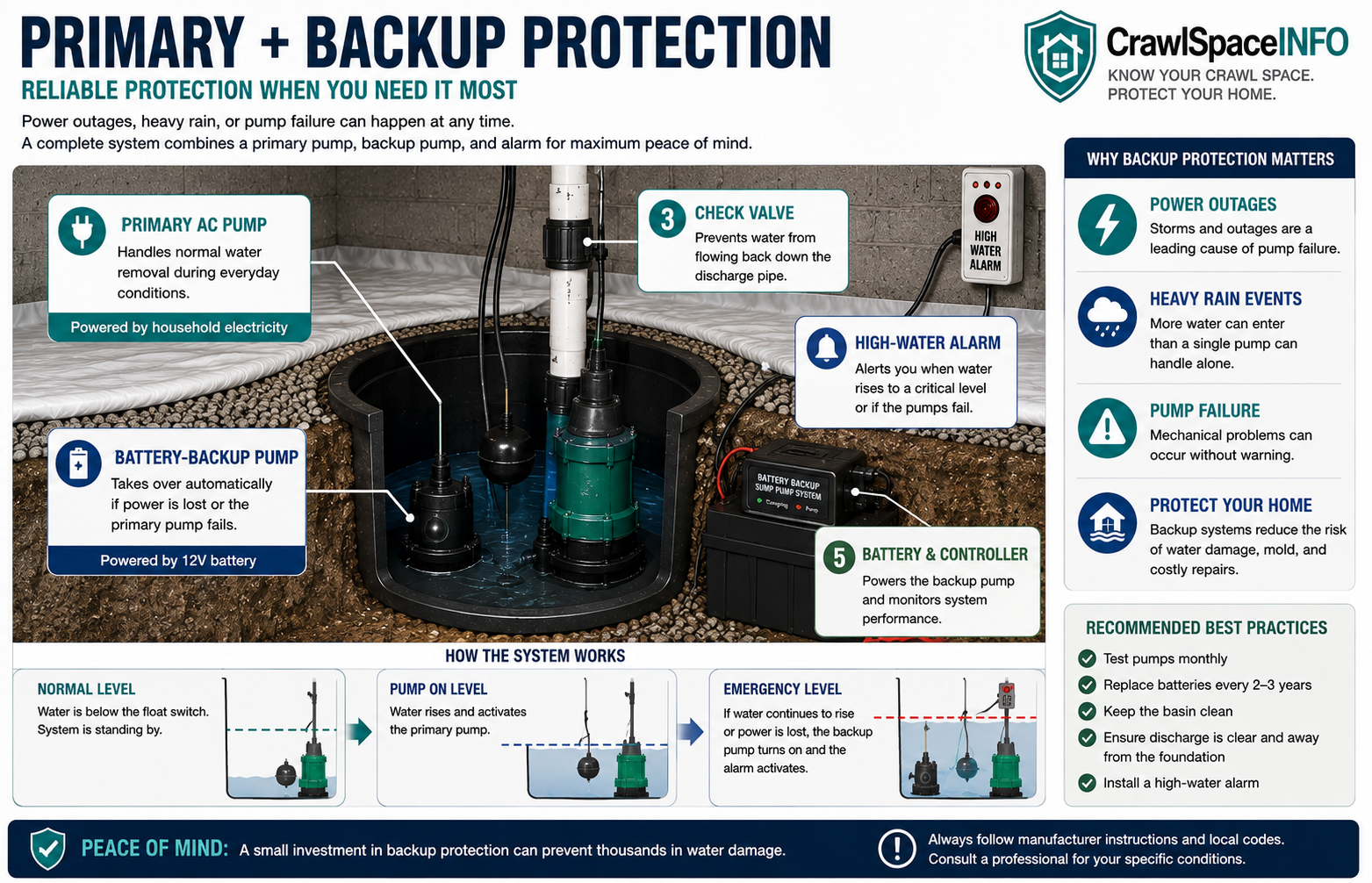 Diagram comparing a primary crawl space sump pump with battery backup, high-water alarm and secondary pumping protection.