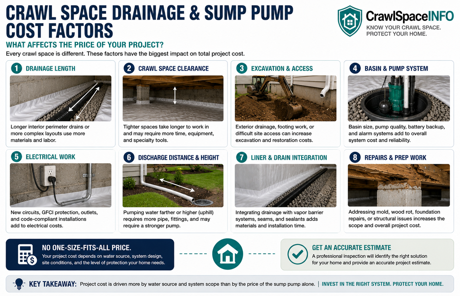 Infographic showing crawl space drainage and sump pump cost factors including drainage length, excavation, pump system, electrical work, discharge distance and crawl space access.