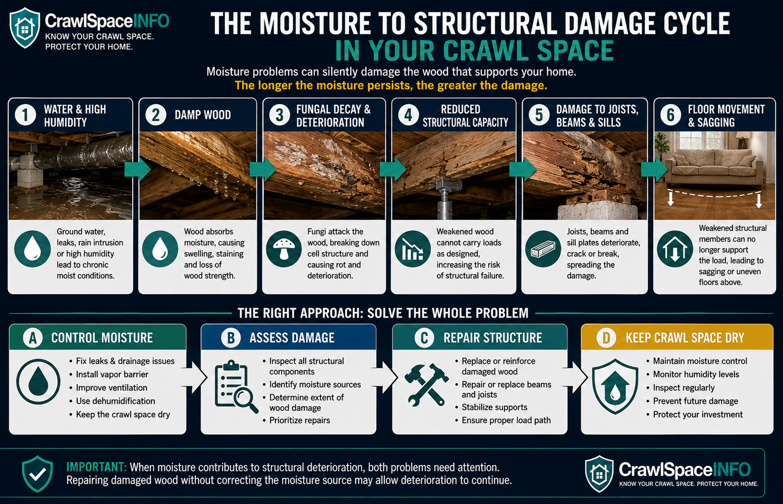 Diagram showing how crawl space moisture can contribute to wood deterioration, damaged joists and beams, and sagging or uneven floors.