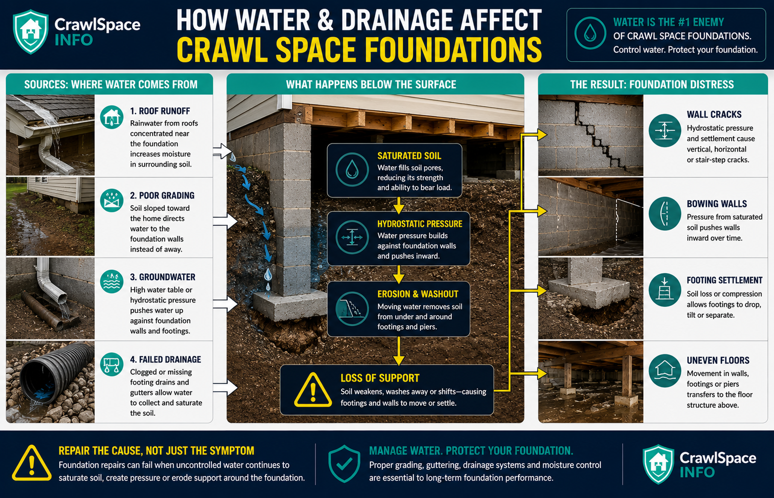Diagram showing how roof runoff, poor grading, groundwater and failed drainage can affect crawl space foundation walls, footings and soil.