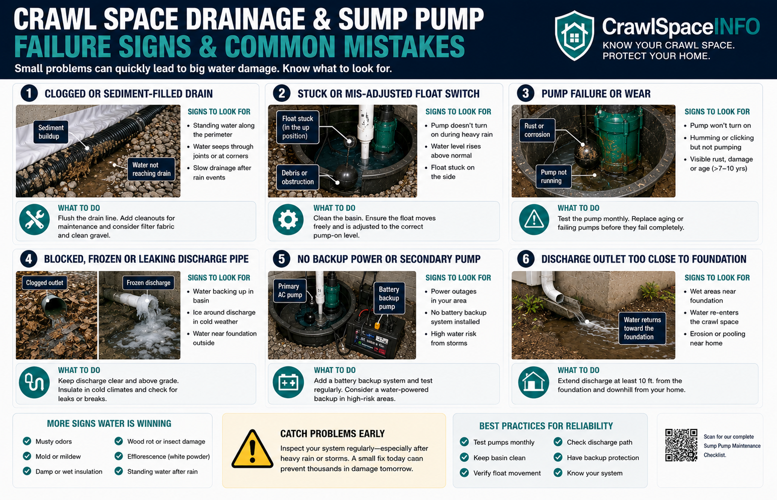 Crawl space drainage and sump pump failure signs including clogged drain, stuck float, failed pump, blocked discharge and water returning toward the foundation.