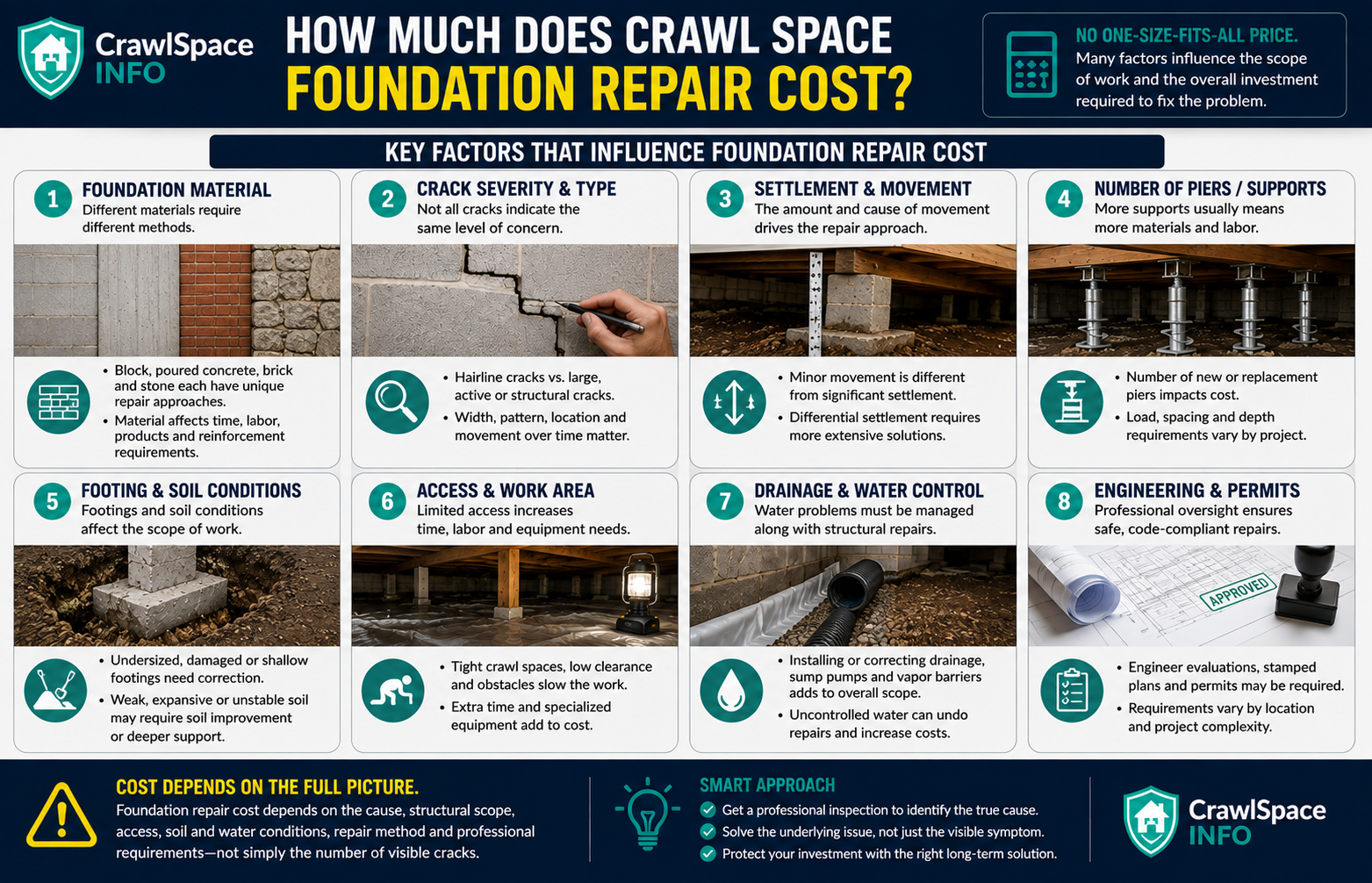 Infographic showing crawl space foundation repair cost factors including crack severity, settlement, piers, footings, wall repair, access, drainage and engineering.