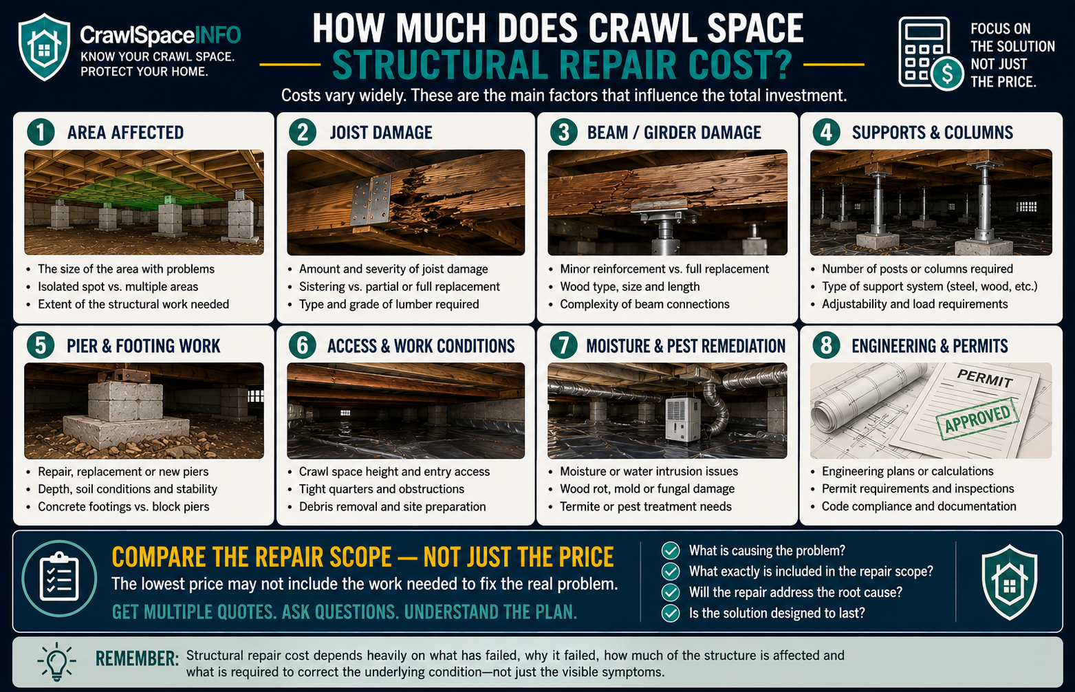 Crawl space structural repair cost factors including joist damage, beam repair, support posts, piers, access, moisture damage and project scope.