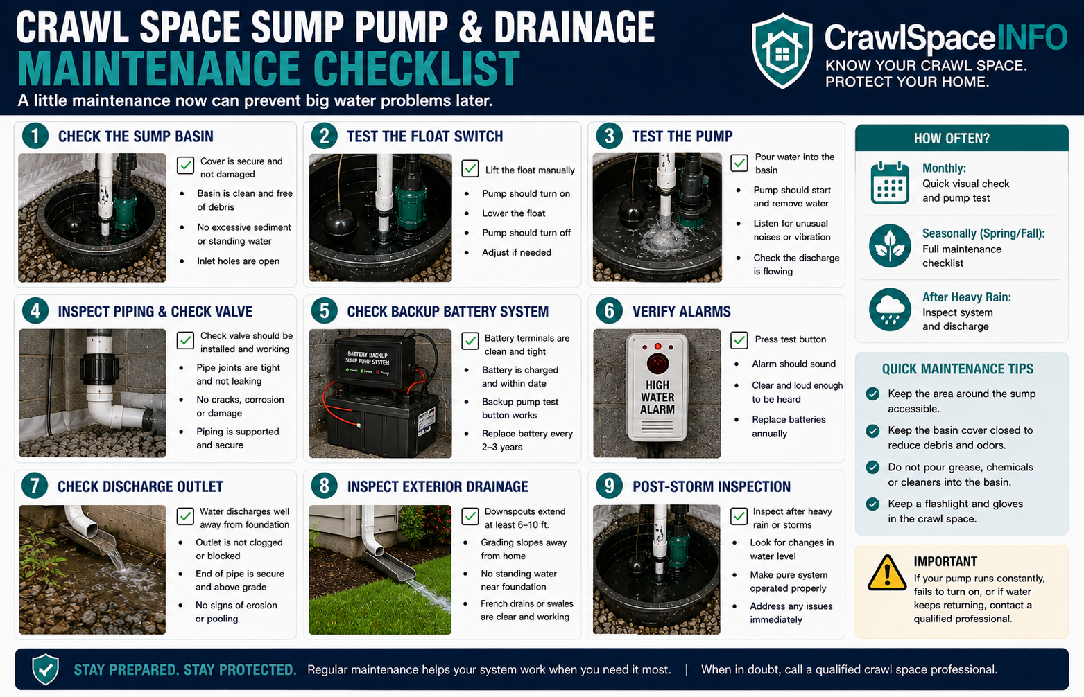 Homeowner crawl space sump pump and drainage maintenance checklist covering basin, float, pump, backup battery, alarm, check valve, discharge line and exterior drainage.