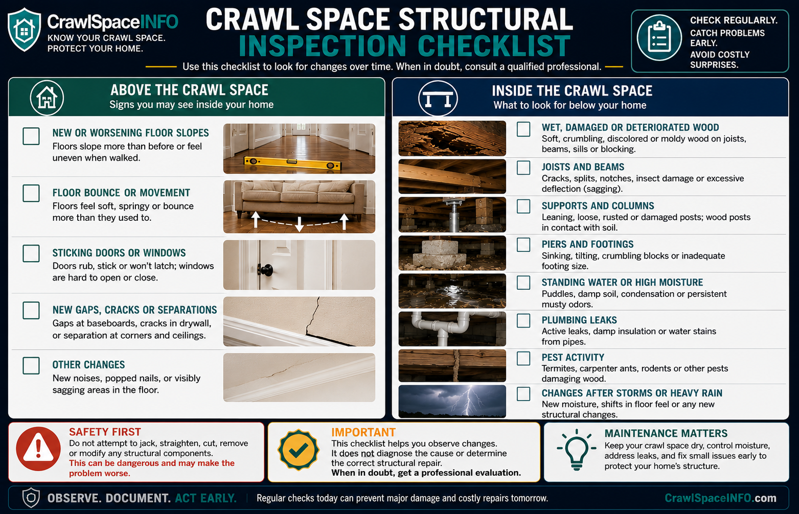 Homeowner inspection checklist for sagging floors and crawl space structural problems including joists, beams, supports, moisture and floor movement.