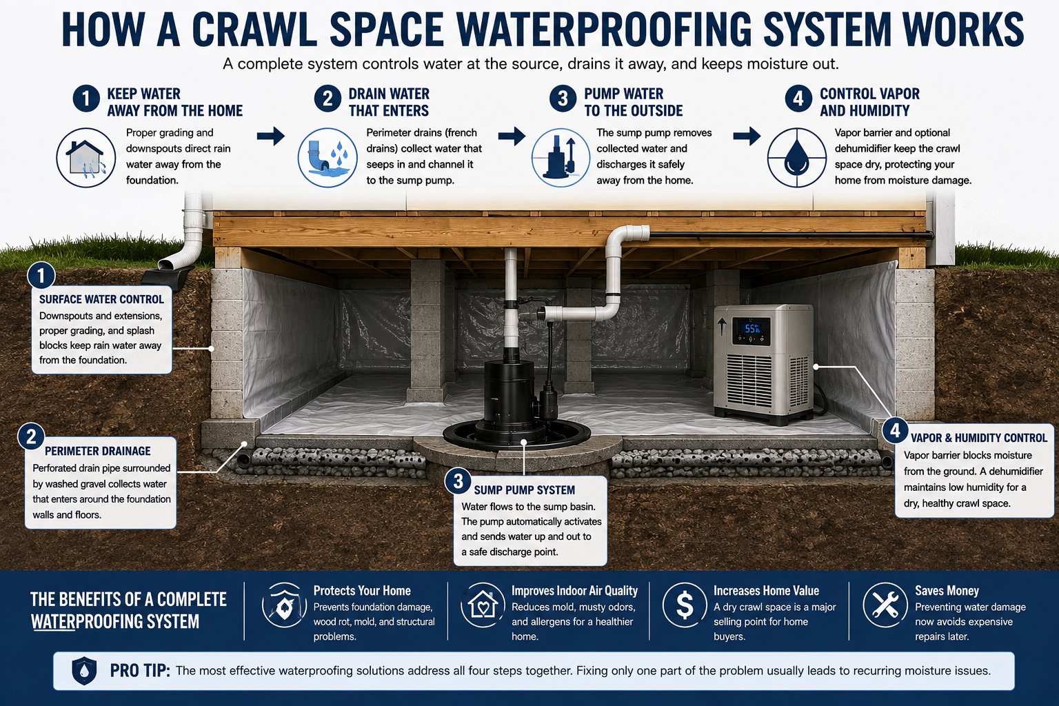 Diagram showing a complete crawl space waterproofing system with grading, perimeter drainage, sump pump, vapor barrier and humidity control.