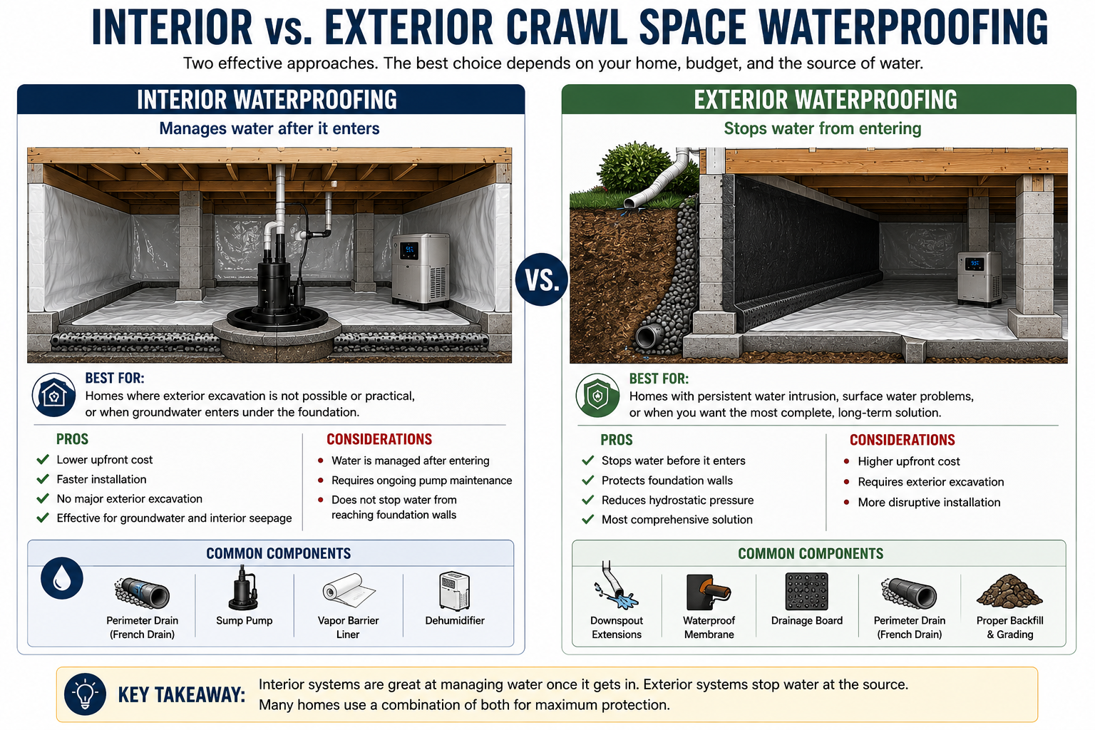 Comparison of interior and exterior crawl space waterproofing methods.