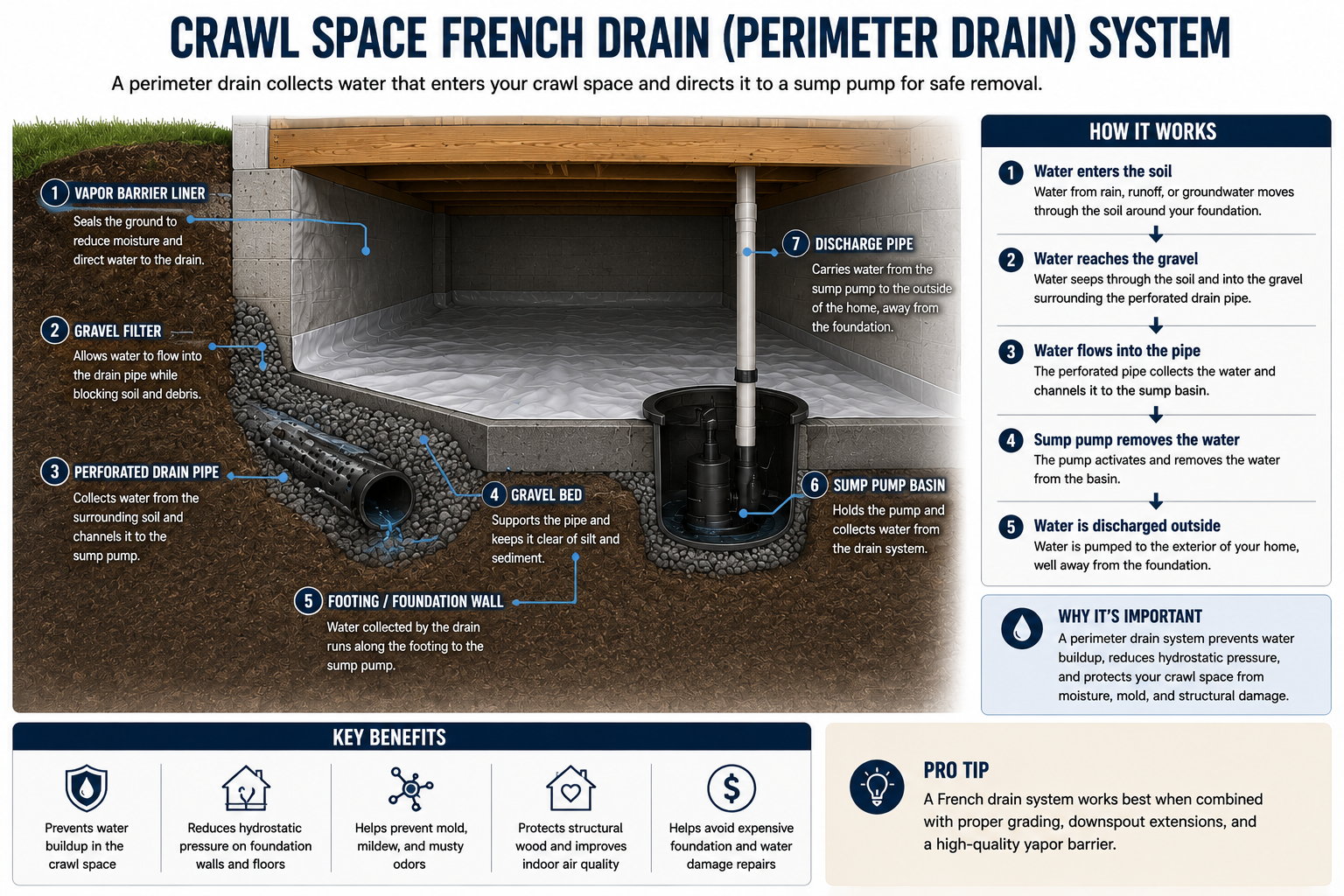 Cutaway diagram of a crawl space French drain system with perforated pipe, gravel bed, sump basin and discharge pipe.