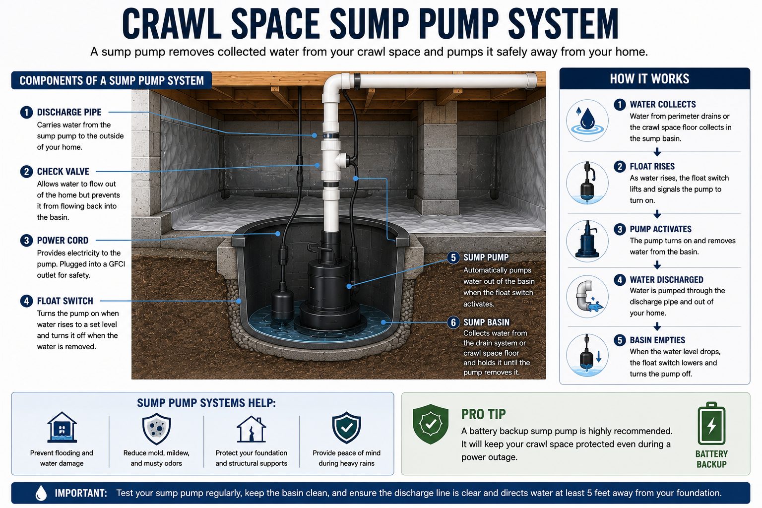 Diagram of a crawl space sump pump system showing basin, pump, float switch, check valve and discharge pipe.