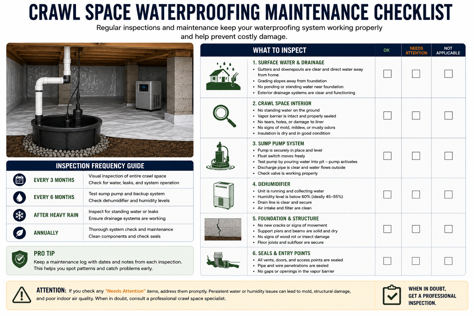 Crawl space waterproofing maintenance checklist for drainage, sump pump, vapor barrier, dehumidifier and foundation inspection.