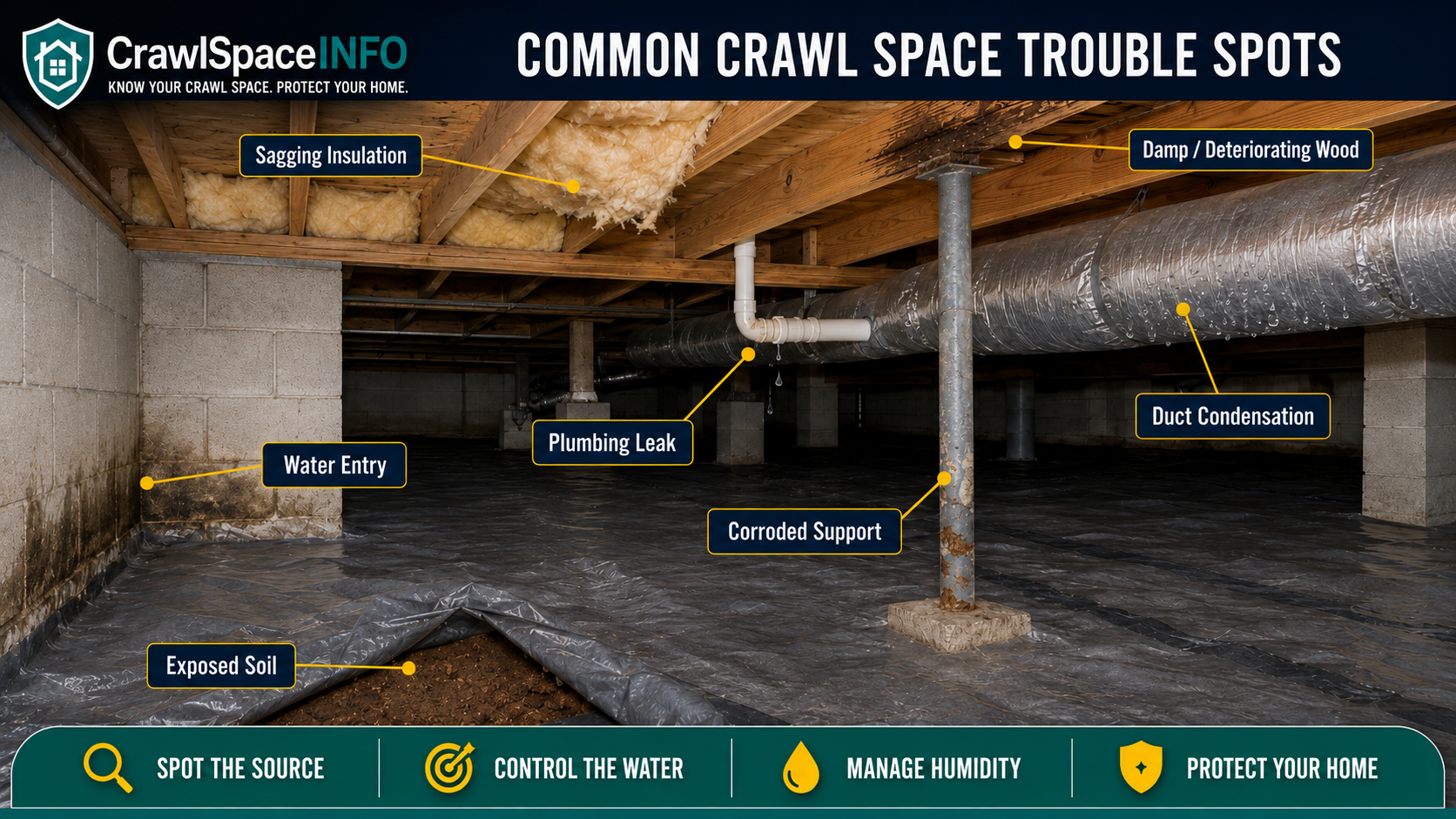 Crawl space inspection diagram showing water entry, exposed soil, sagging insulation, damp wood, a plumbing leak, duct condensation and a corroded support.