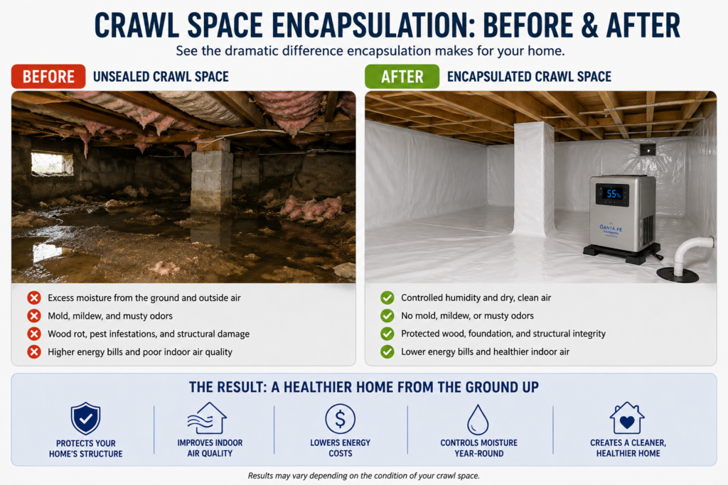 Before and after comparison showing a crawl space before and after professional encapsulation.