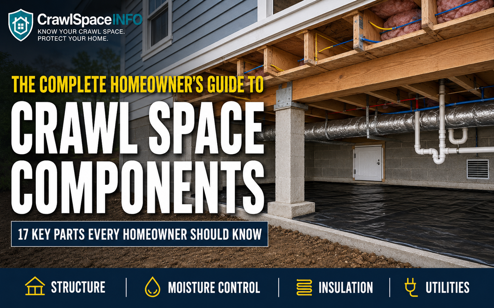 Crawl Space Components: 17 Key Parts Every Homeowner Should Know, illustrated in a residential crawl space cutaway.