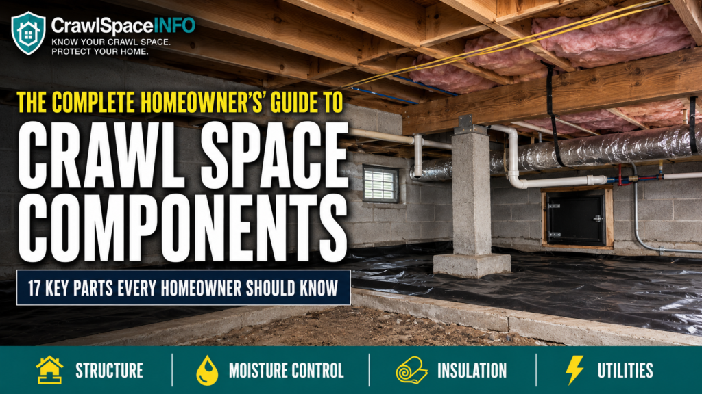 Crawl Space Components: 17 Key Parts Every Homeowner Should Know, illustrated in a residential crawl space cutaway.