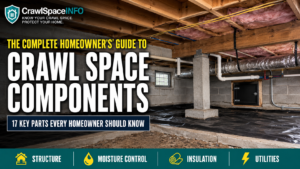 Crawl Space Components: 17 Key Parts Every Homeowner Should Know, illustrated in a residential crawl space cutaway.