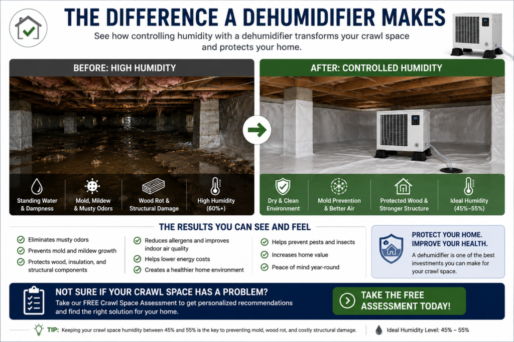 Before-and-after comparison showing a damp crawl space transformed into a clean, dry crawl space after installing a dehumidifier and improving moisture control.