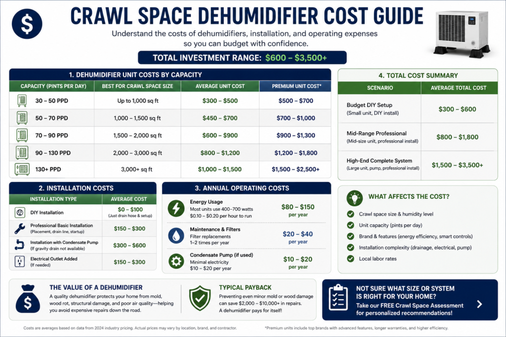 Cost comparison chart showing equipment, installation, operating, and maintenance costs associated with crawl space dehumidifiers.