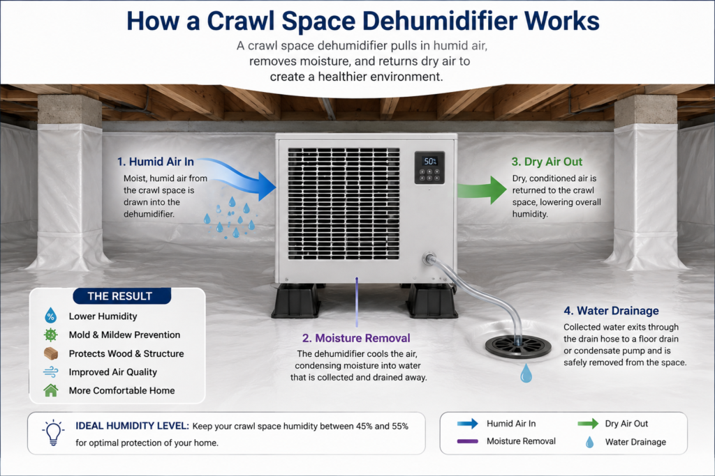 Diagram showing how a crawl space dehumidifier removes moisture from the air and drains collected water.