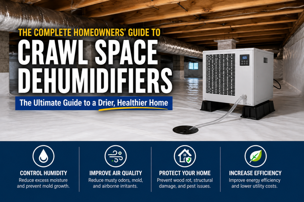Crawl space dehumidifier installed in a clean encapsulated crawl space to control humidity and moisture