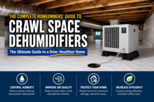 Crawl space dehumidifier installed in a clean encapsulated crawl space to control humidity and moisture
