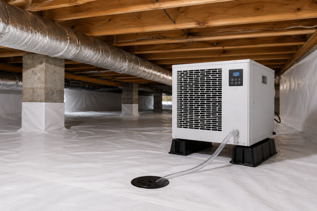 Professional crawl space dehumidifier installed in a clean encapsulated crawl space beneath a home.