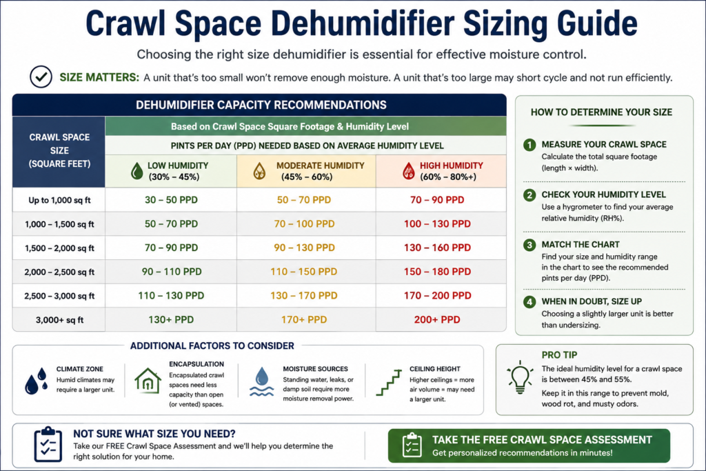Crawl space dehumidifier sizing chart showing recommended moisture removal capacity based on crawl space size and humidity conditions.
