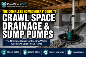 Crawl space drainage and sump pump system beneath a home with perimeter drainage, sealed ground liner and sump basin.