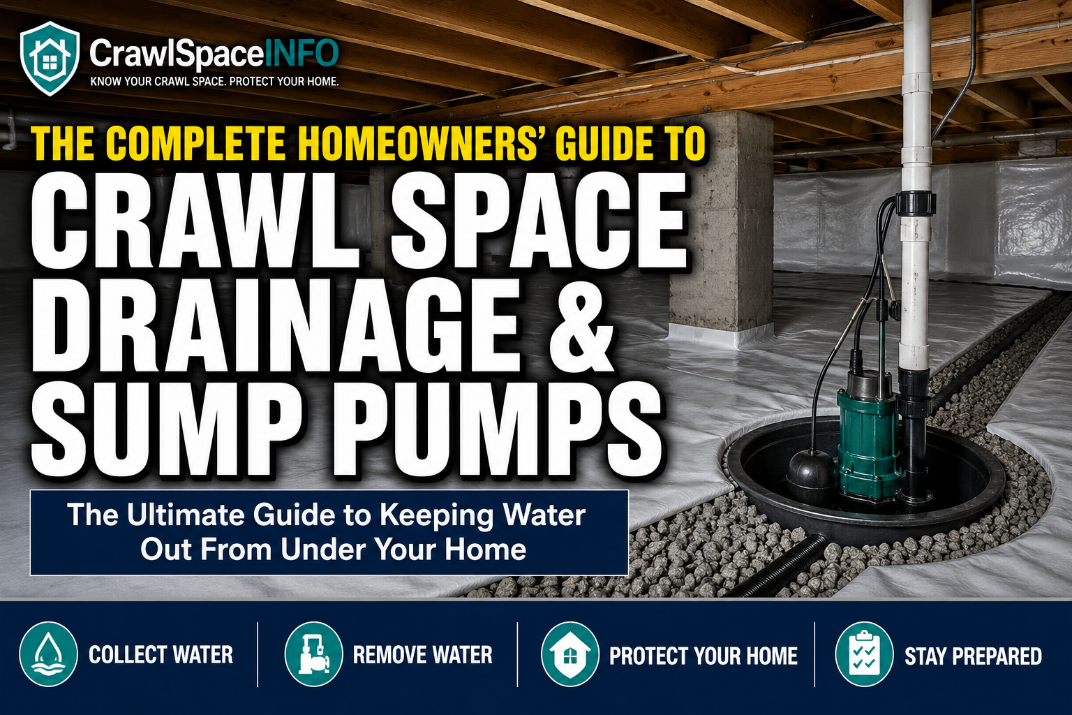 Crawl space drainage and sump pump system beneath a home with perimeter drainage, sealed ground liner and sump basin.
