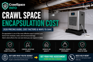 Encapsulated crawl space with sealed liner, wall detailing and moisture-control equipment beneath a home.
