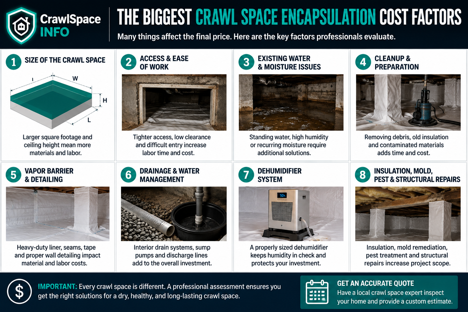 Infographic showing crawl space encapsulation cost factors including size, access, cleanup, vapor barrier, drainage, dehumidifier, insulation and repairs.