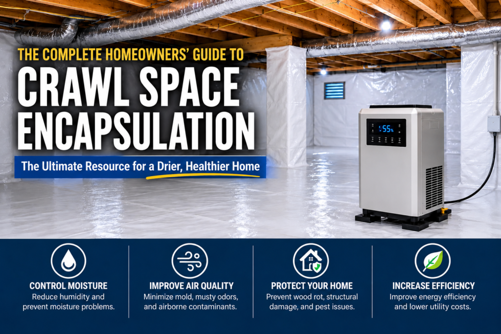 Encapsulated crawl space with white vapor barrier, sealed foundation walls, and commercial dehumidifier for moisture control