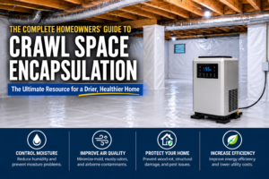 Encapsulated crawl space with white vapor barrier, sealed foundation walls, and commercial dehumidifier for moisture control