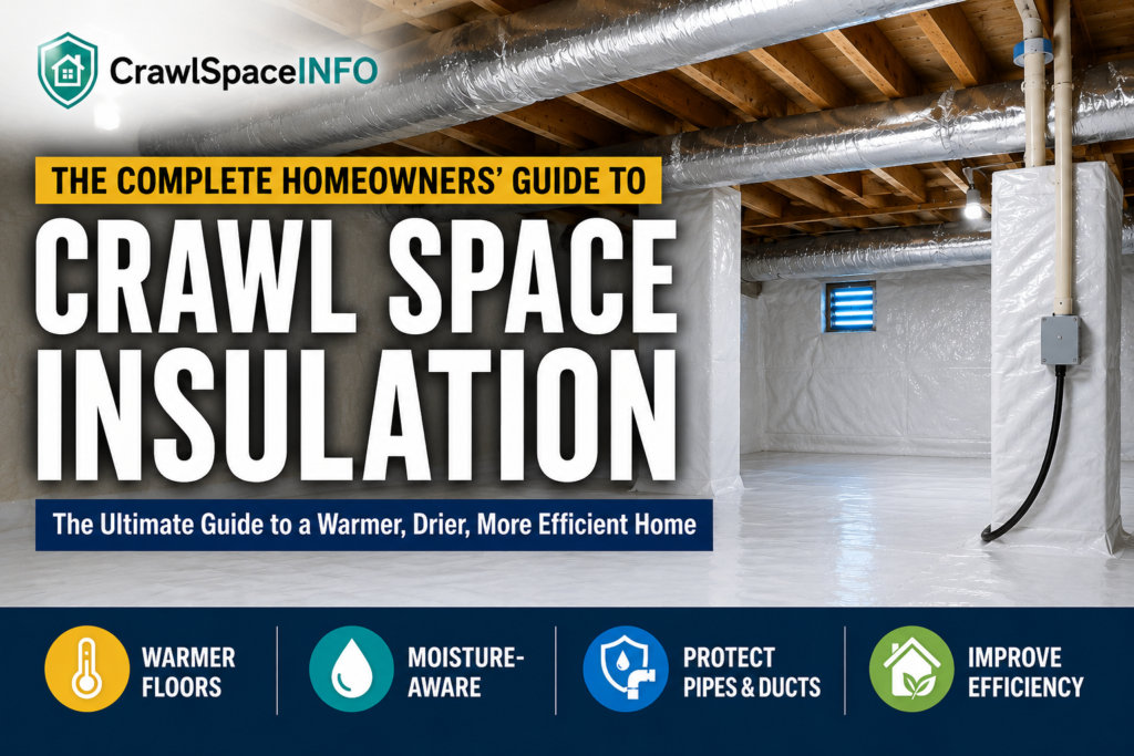 Insulated residential crawl space showing sealed ground liner, insulated foundation walls and protected HVAC ducts beneath a home.