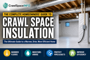 Insulated residential crawl space showing sealed ground liner, insulated foundation walls and protected HVAC ducts beneath a home.