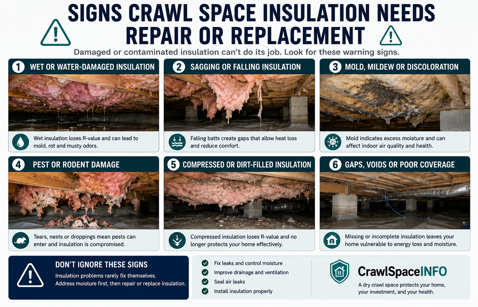 Crawl space insulation warning signs including wet batts, falling fiberglass, mold, pest damage and gaps.