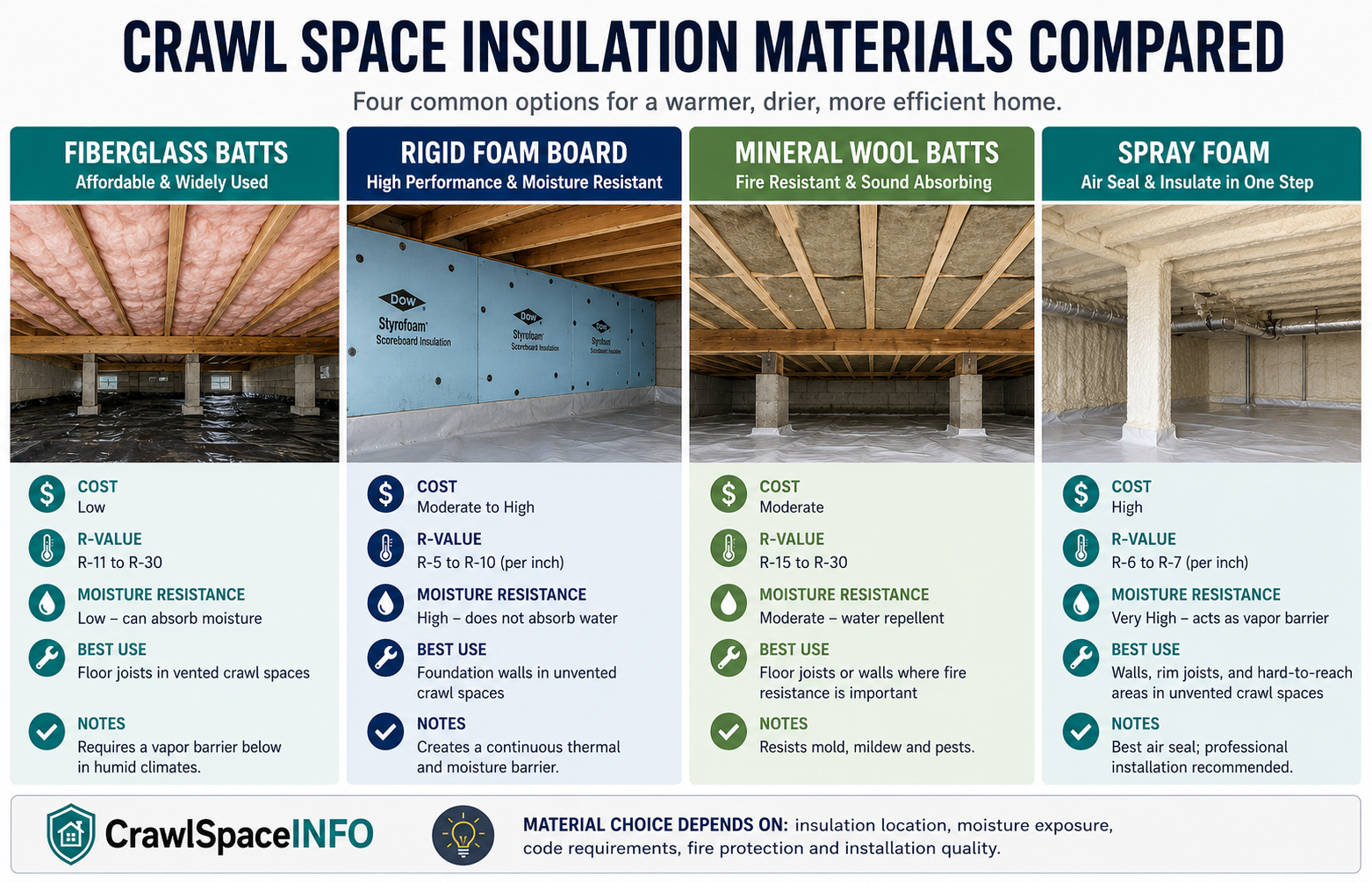 Comparison of fiberglass, rigid foam board, mineral wool and spray foam insulation used in crawl spaces.